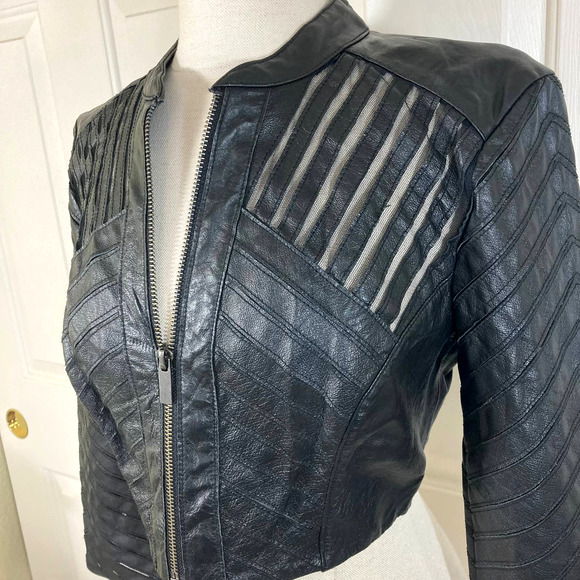 bebe Jackets & Blazers - Bebe Y2K black leather moto jacket, ladies small crop leather & mesh coat
